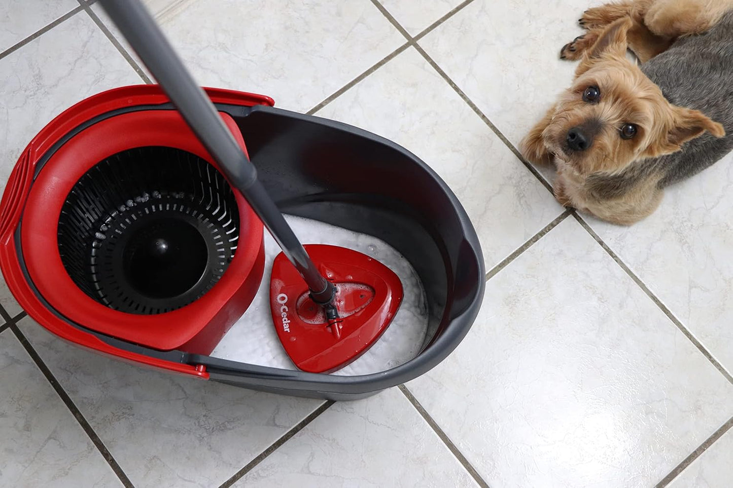 EasyWring Microfiber Spin Mop and Bucket – Standard Floor Cleaning System, Red/Gray