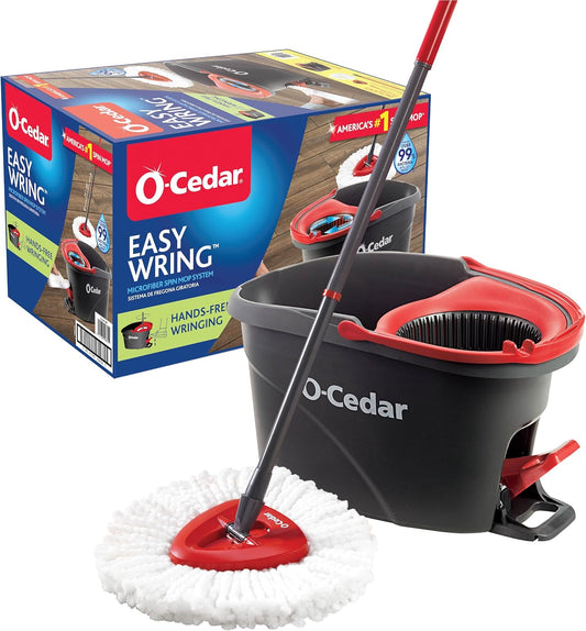 EasyWring Microfiber Spin Mop and Bucket – Standard Floor Cleaning System, Red/Gray